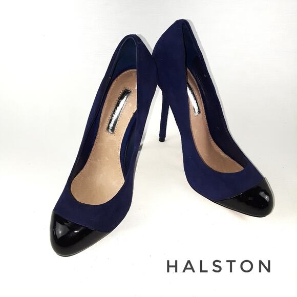 HALSTON Purple Blue Suede 4" Stiletto Skinny Heels Size 5.5 Petite Pumps Retro - Picture 1 of 12